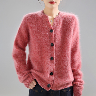 轻奢重工拉绒100%纯羊毛开衫女半开V领花纱针织毛衣宽松羊绒外套