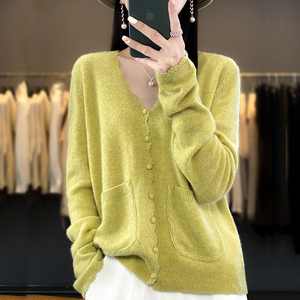 V领100纯羊绒开衫女秋冬带兜花边针织羊毛衫外套宽松长袖外搭毛衣