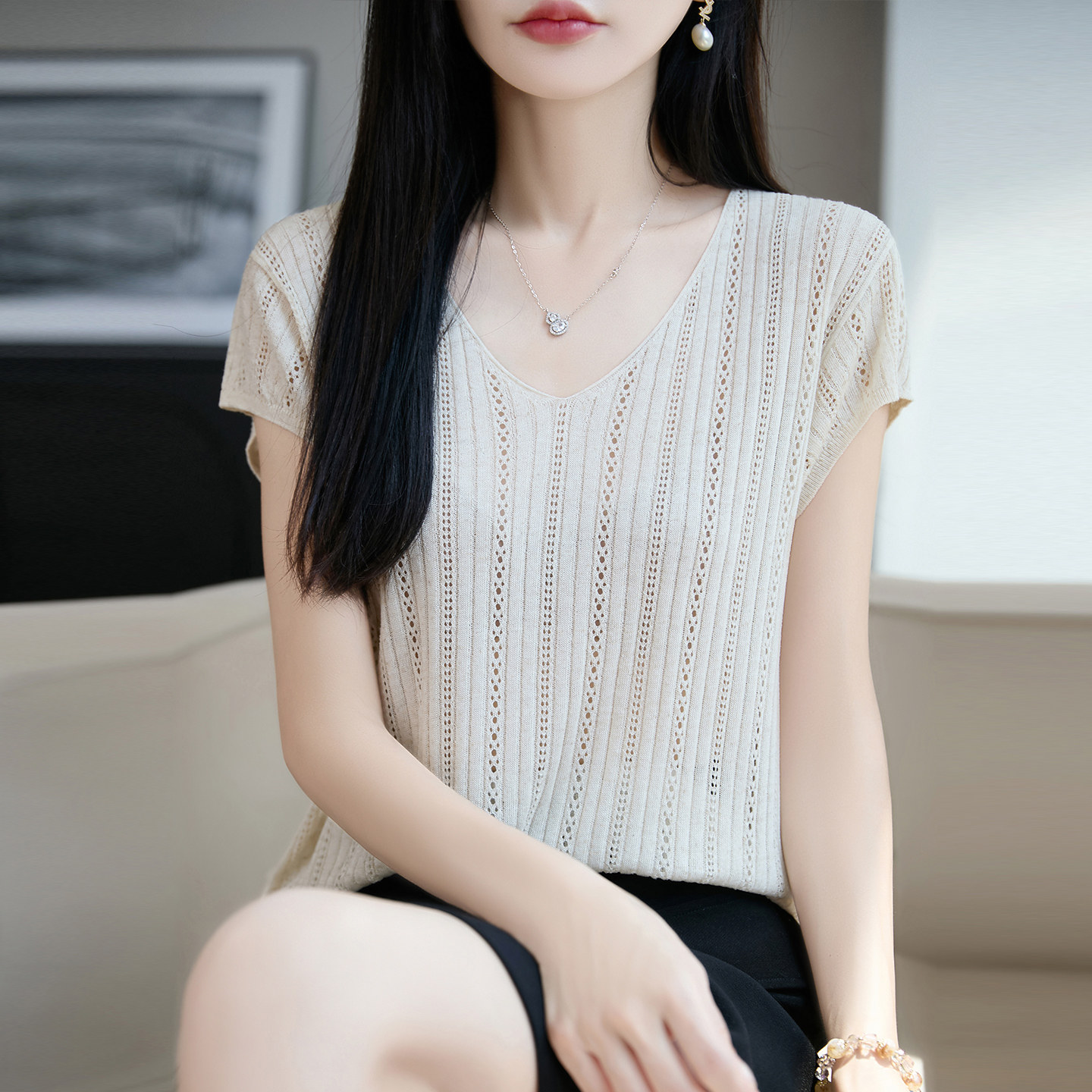 夏季天丝亚麻V领镂空短袖T恤背心