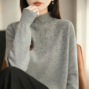 高级感半高领加厚精纺羊毛衫女重工镶钻针织长袖毛衣宽松打底上衣