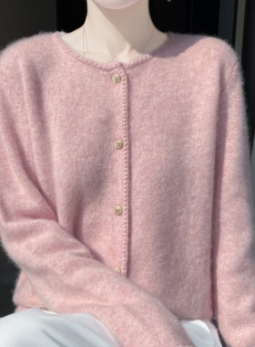 100%纯羊毛针织开衫毛衣女圆领金属扣长袖百搭上衣宽松羊绒衫外套