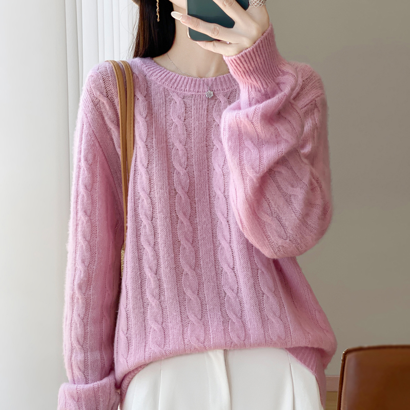 100%纯羊毛衫针织毛衣女圆领扭花加厚上衣宽松慵懒羊绒衫打底长袖