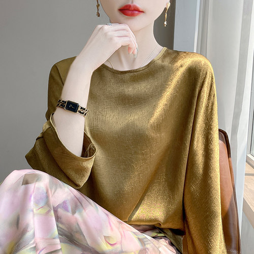 春夏缎面真丝鎏金提花七分袖上衣