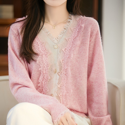 V领拼色蕾丝流苏100%纯羊毛开衫