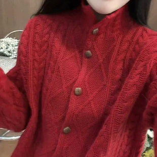 新年红100%纯羊毛开衫女半高领菱形提花针织毛衣宽松加厚羊绒外套