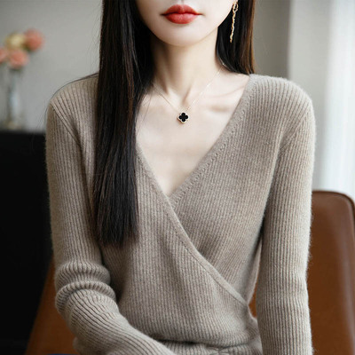 法式高级感交叉V领100%纯羊毛衫