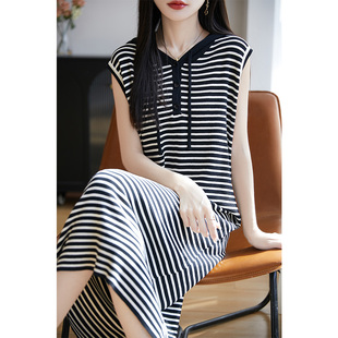 春夏薄款连帽条纹冰丝针织背心裙女无袖中长裙宽松显瘦过膝打底裙