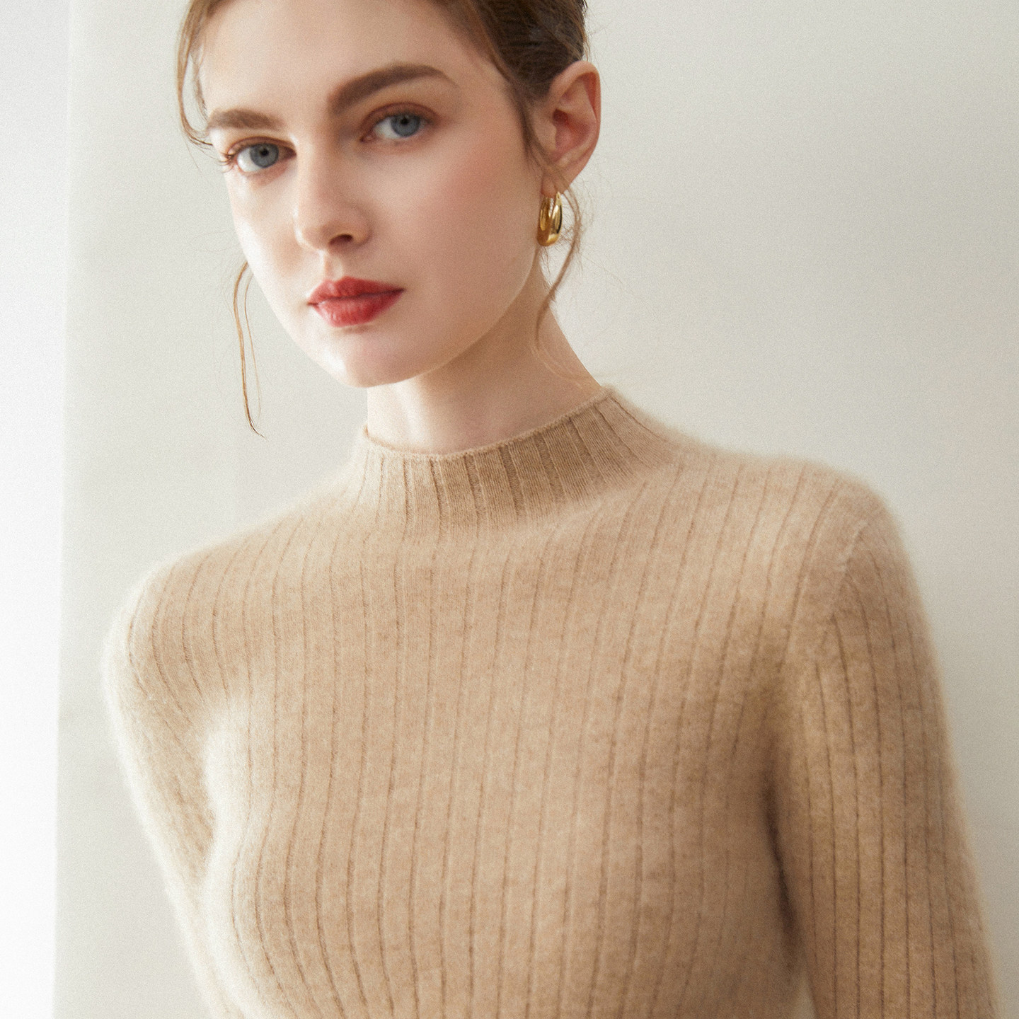 康赛妮100%纯山羊绒衫女半高领坑条针织长袖毛衣修身显瘦打底上衣,女装/女士精品,羊绒衫,淘宝优惠券,粉丝福利购,淘宝优惠卷