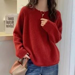 宽松慵懒风红色花边圆领100%纯羊毛衫针织毛衣女宽松长袖羊绒打底
