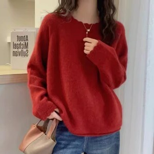 宽松慵懒风红色花边圆领100%纯羊毛衫针织毛衣女宽松长袖羊绒打底