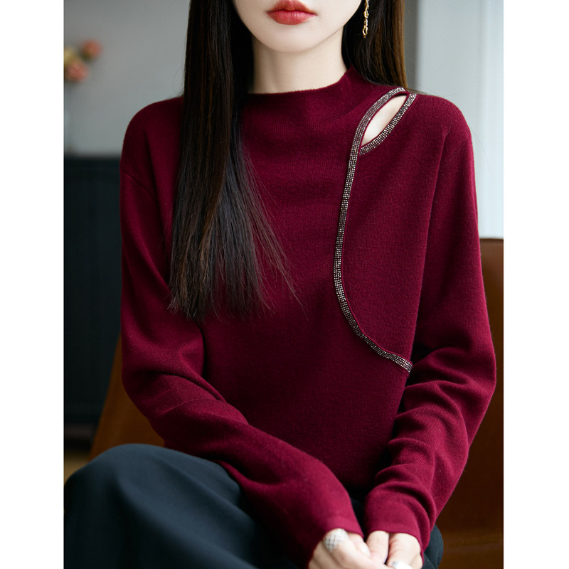 半高领精纺羊毛衫女春秋新款坑条镶钻长袖毛衣宽松露肩上衣打底衫,女装/女士精品,毛针织衫,淘宝优惠券,粉丝福利购,淘宝优惠卷