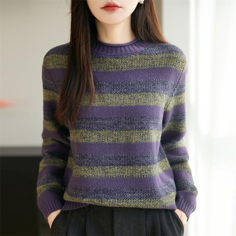 拼色半高领精纺羊毛衫长袖打底衫