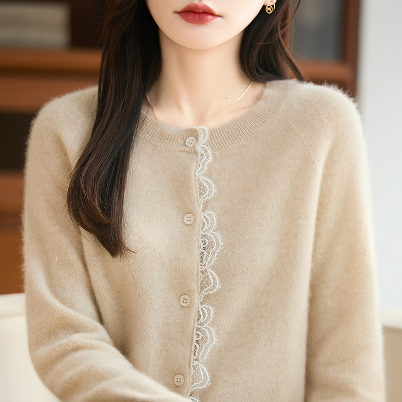 法式轻奢风100%纯羊毛开衫女圆领蕾丝花边针织毛衣宽松羊绒衫外套