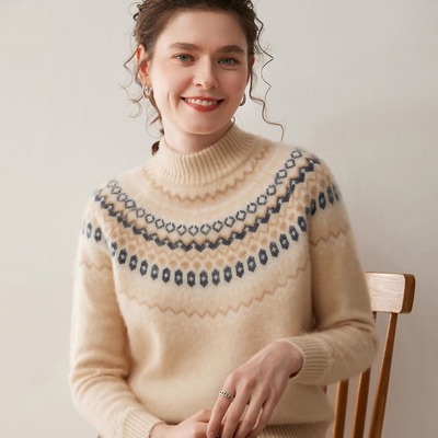 半高领加厚山羊绒衫费尔岛提花