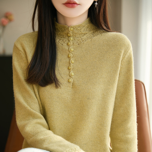高级感半高领镂空钩花精纺羊毛衫女亮片针织纽扣毛衣宽松打底上衣