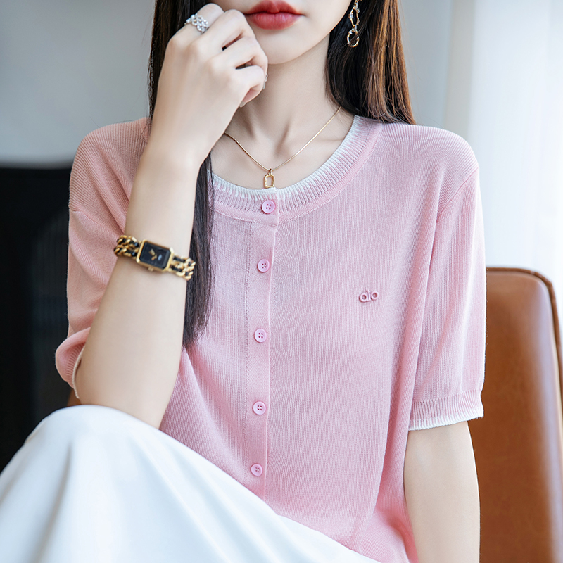 圆领拼色莱赛尔天丝针织短袖T恤开衫女刺绣薄款上衣宽松休闲半袖