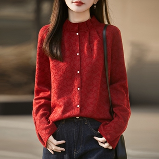 秋冬精纺羊毛开衫女木耳边半高领立体浮雕提花毛衣宽松珍珠扣外套