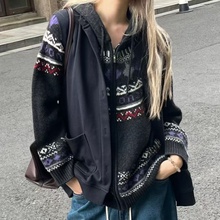 秋冬加厚连帽100%纯羊毛拉链开衫女拼色提花针织毛衣宽松羊绒外套