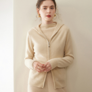 秋冬高级感双拉链山羊绒衫女连帽加厚纯色毛衣开衫宽松外套羊毛衫