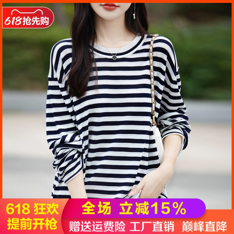 桑蚕丝羊毛针织长袖条纹圆领毛衣