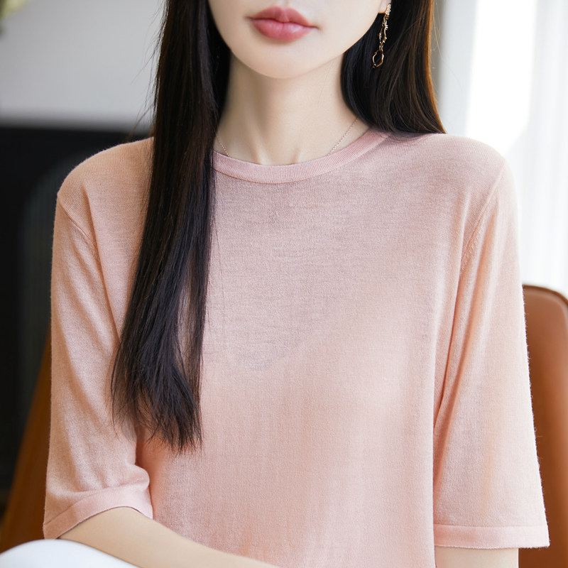 精纺羊毛针织短袖T恤女圆领纯色