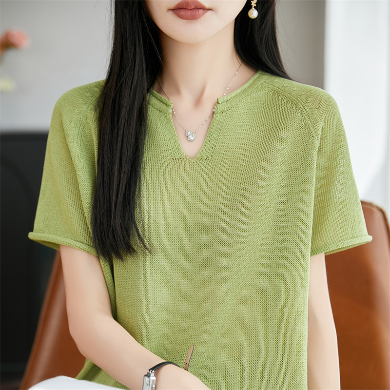 卷边V领珍珠麻针织短袖T恤女2026夏季纯色百搭背心宽松半袖打底衫