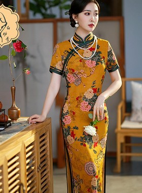 2023春夏新款女装黄色立领长款时尚复古花罗中国风修身旗袍演出服