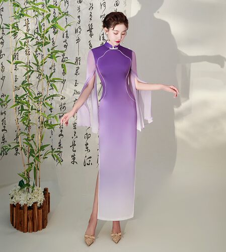 改良舞台走秀旗旗袍纯色