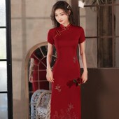 高考送考酒红色连衣裙夏刺绣长款 旗袍妈妈装 婚宴结婚礼服喜婆婆装