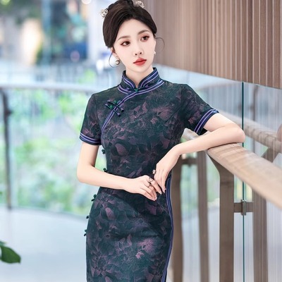 高端时尚改良桑蚕丝短袖长款旗袍2025夏季新款女端庄手工宴会旗袍