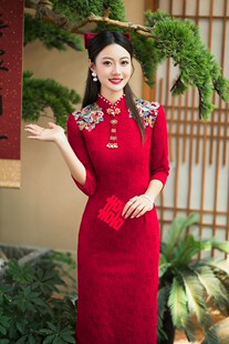 中式红色刺绣新娘敬酒旗袍2023新款结婚礼服订婚回门连衣裙回娘家