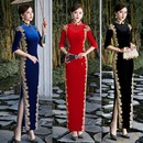 纯色形体表演出旗袍裙 走秀旗袍2022春夏新款 加长中袖 蕾丝丝绒长款