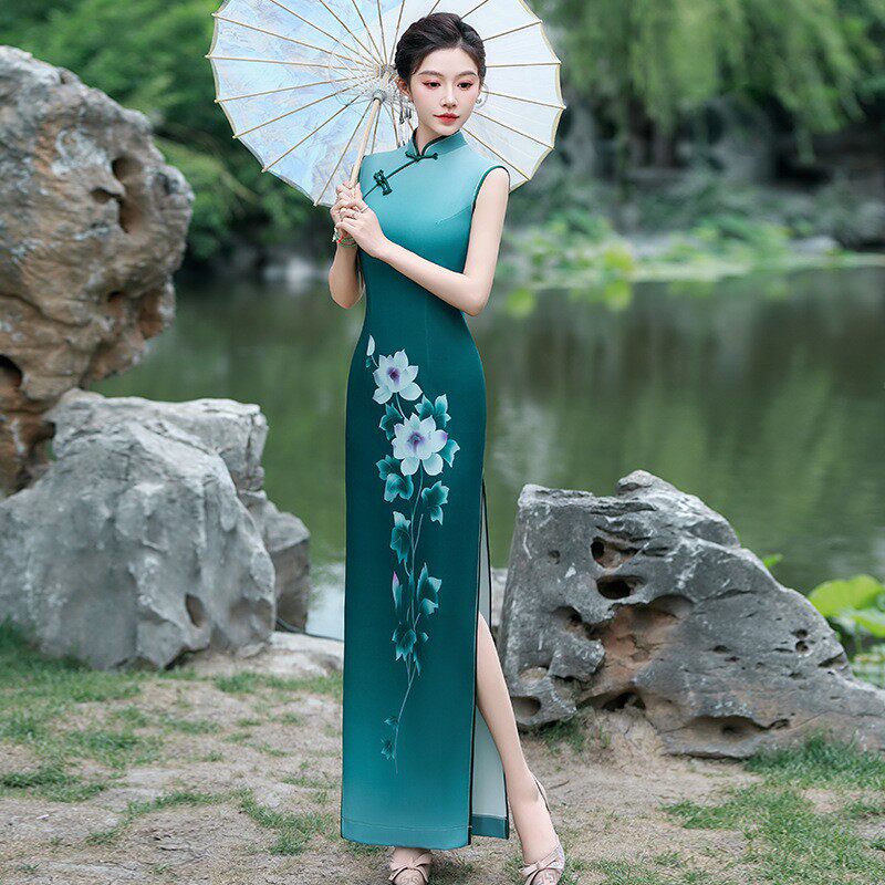 2025新款夏季舞台走秀演出修身旗袍连衣裙长款低领演出服花开四季