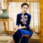 长款 礼仪衣形体服女旗袍2023新款 古典训练服走秀丝绒旗袍春中老年