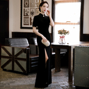 舞蹈长旗袍 修身 走秀金丝绒旗袍2025新款 舞台黑色演出服复古七分袖