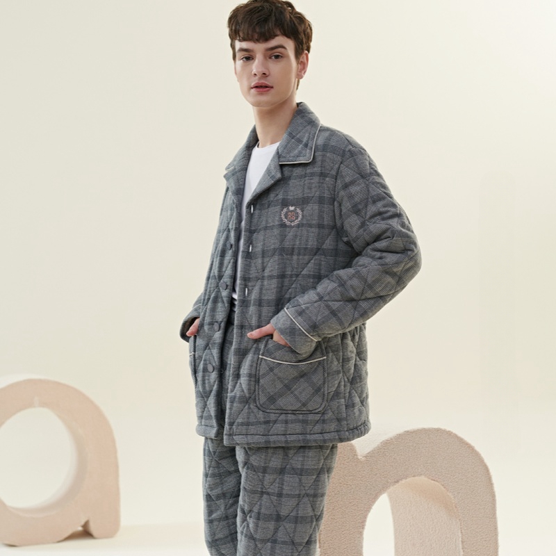 安之伴三层加厚磨毛夹棉睡衣男冬