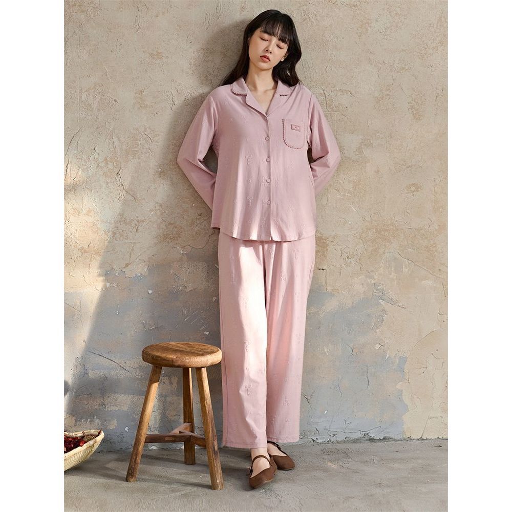安之伴专柜正品纯棉睡衣女秋季简约开衫长袖纯色休闲家居服套装