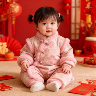 周岁女宝礼服冬季加绒唐装婴儿喜庆冬装国风爬服保暖连体衣拜年服