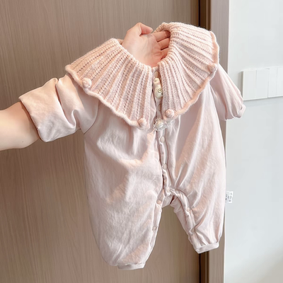女宝宝公主风粉色针织翻领长袖连体衣秋冬纽扣哈衣爬服