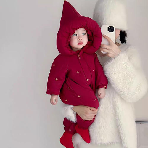 加棉加厚婴儿秋冬棉衣外出服宝宝保暖连体棉服连帽冬装喜庆过年服