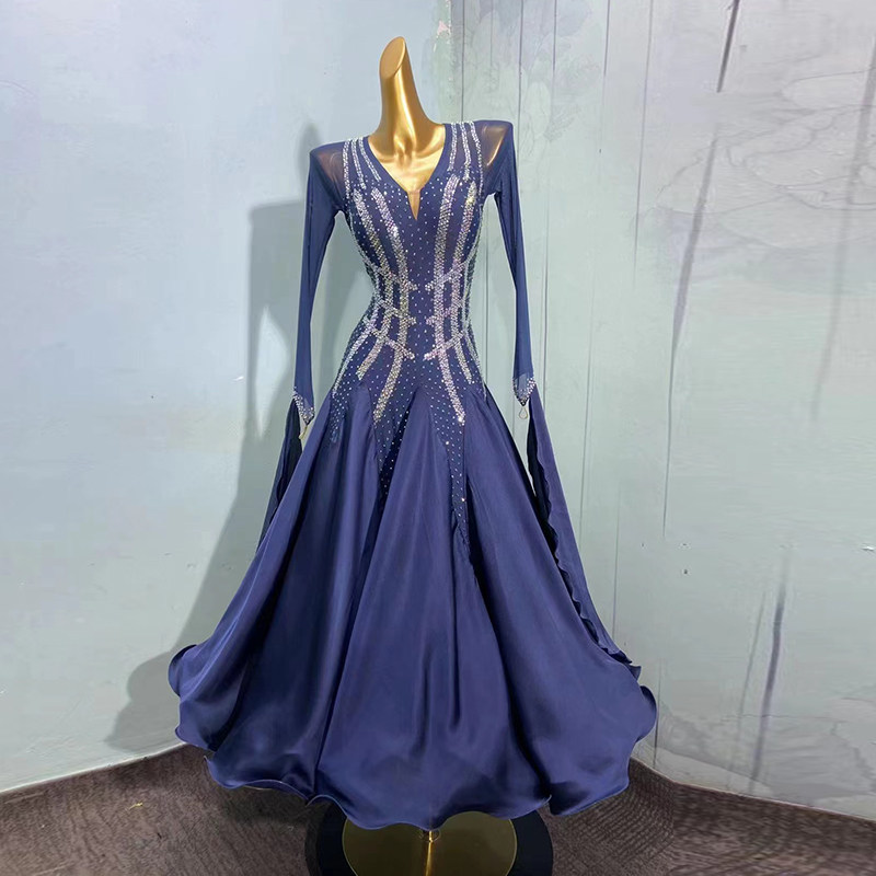 华尔兹比赛裙国标舞演出服大摆裙仿真丝摩登舞表演服半透袖子镶钻