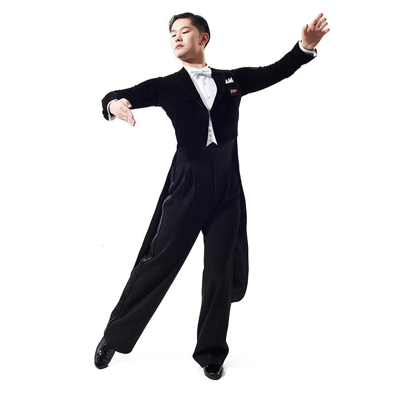 定做现货丝绒燕尾服丝绒领戗驳领摩登舞华尔兹六件套背带裤比赛服