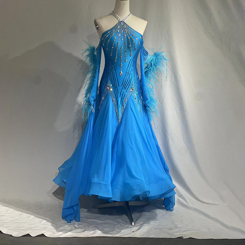 定制进口雪纺羽毛袖露肩华尔兹国标舞摩登舞服表演服大裙摆比赛裙