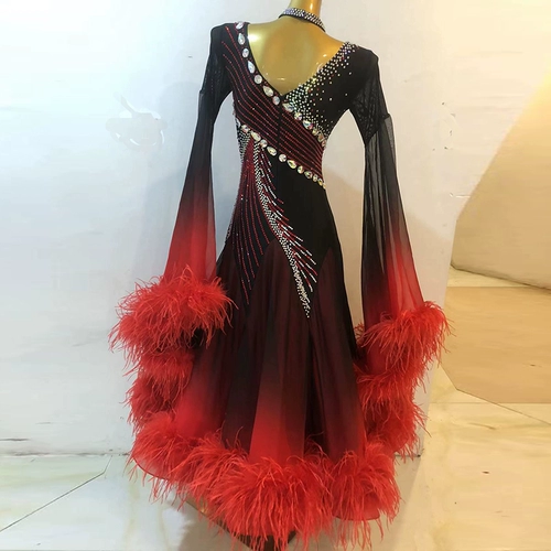 High -End Gradient Chifn Country Standard Dance Sware Юбка Waltz выступила с большой качающейся юбкой Острич пушистые танце