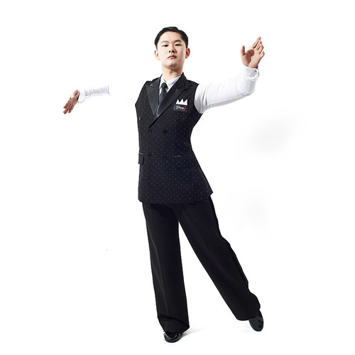潘氏舞服直贡呢金钻乱点大马甲双排扣戗驳领色丁领摩登舞比赛服