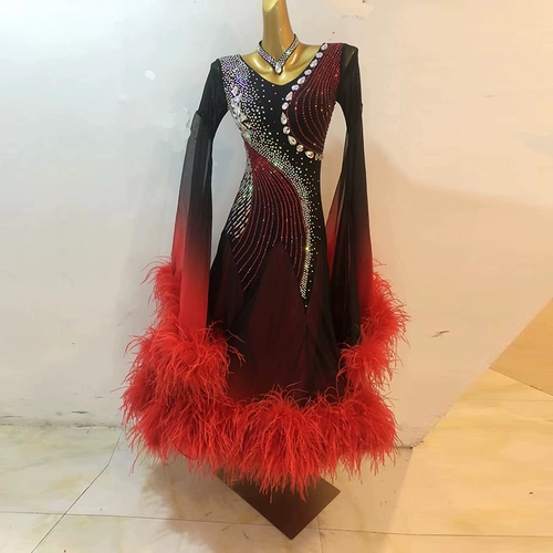 High -End Gradient Chifn Country Standard Dance Sware Юбка Waltz выступила с большой качающейся юбкой Острич пушистые танце