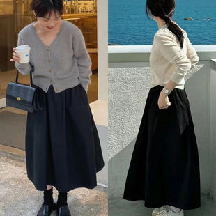 黑 韩设计师款 自留 白纯色松紧腰半裙 罗马假日