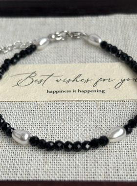 AYOUNG 3mm曜石黑手链小众设计感 黑白搭配通勤百搭串珠手饰