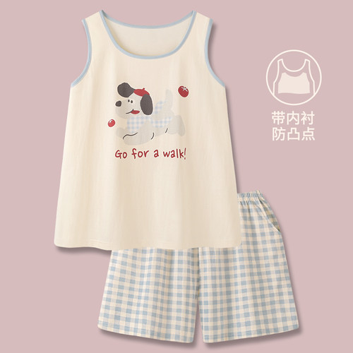 格纹狗狗睡衣女款夏纯棉