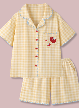 『奶酪番茄』2026新款凉感纯棉睡衣女款夏天带胸垫格纹家居服套装